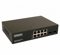 Коммутатор Osnovo SW-80802(150W), 10портов, 8xGE PoE до 30W, 2xGE SFP, CCTV, грозозащ